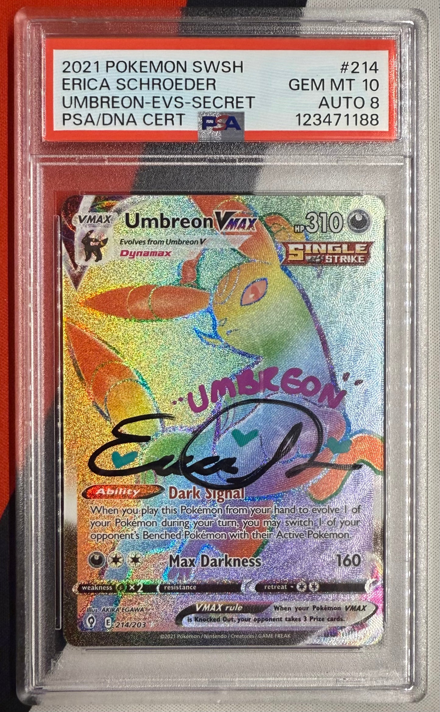 Umbreon #214/203 – Evolving Skies (PSA 10, Autographed by Erica Schroeder, Auto Grade 8)