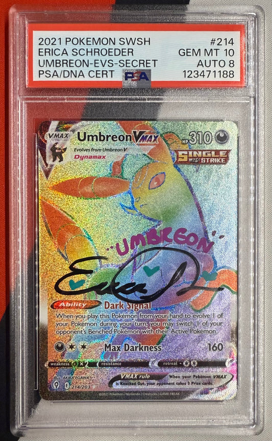 Umbreon #214/203 – Evolving Skies (PSA 10, Autographed by Erica Schroeder, Auto Grade 8)