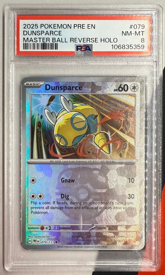 PSA 8 DUNSPARCE #079 PRISMATIC EVOLUTIONS (MASTERBALL PATTERN)
