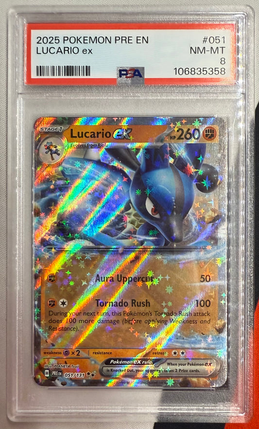 PSA 8 LUCARIO EX #051 PRISMATIC EVOLUTIONS DOUBLE RARE